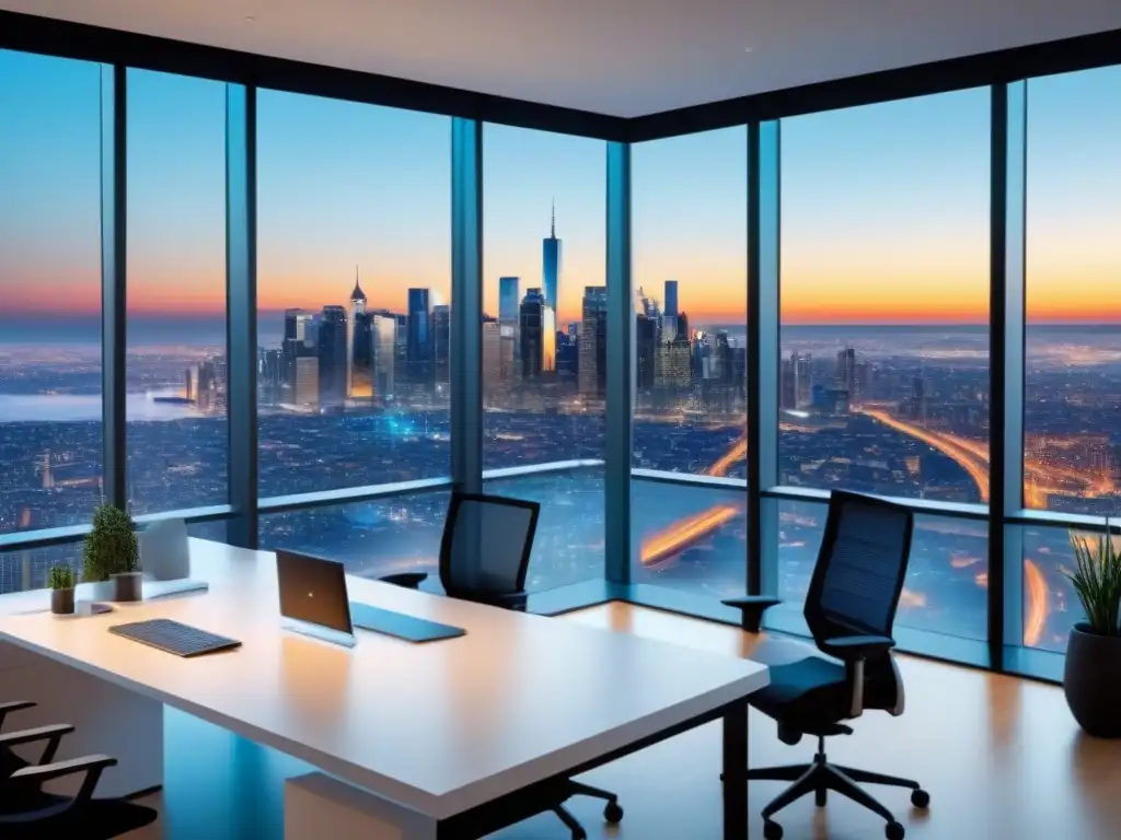 Oficina de lujo para análisis inmobiliario Moderna oficina con vista a la ciudad, tecnología y decoración elegante, ideal para modelos predictivos en bienes raíces