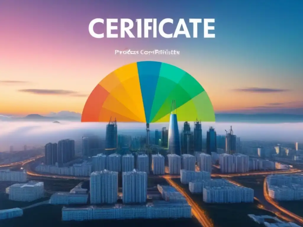 Infografía: Proceso certificado eficiencia energética Infografía moderna del proceso para obtener Certificado Eficiencia Energética, con iconos detallados y fondo de ciudad futurista