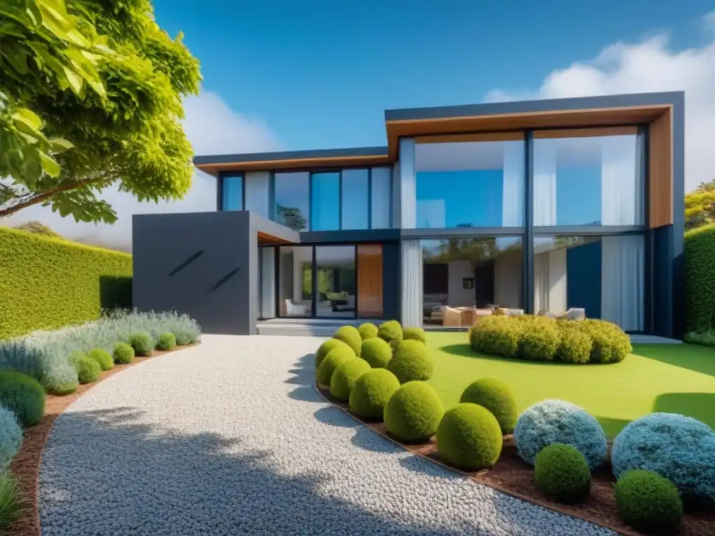 Moderna casa rodeada de jardín verde: protege tu hogar con seguro Moderna casa rodeada de jardín verde, cielo azul vibrante