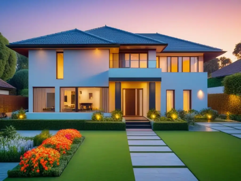 Exterior de casa moderna con seguridad avanzada y jardín colorido Moderna casa con seguridad actualizada y jardín colorido, transmitiendo la importancia de actualizar seguro vivienda