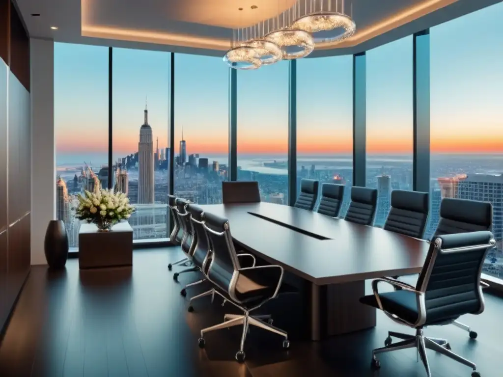 Oficina legal de lujo: sala de juntas moderna con vista a la ciudad Modernas estrategias legales en un lujoso despacho de abogados con vista a la ciudad