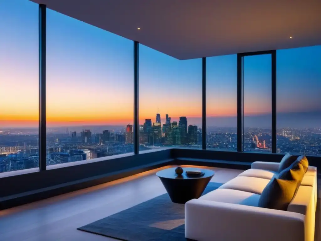 Penthouse de lujo con vistas panorámicas en la ciudad Moderno ático de lujo con vista panorámica de la ciudad, muebles elegantes y terraza sofisticada al atardecer
