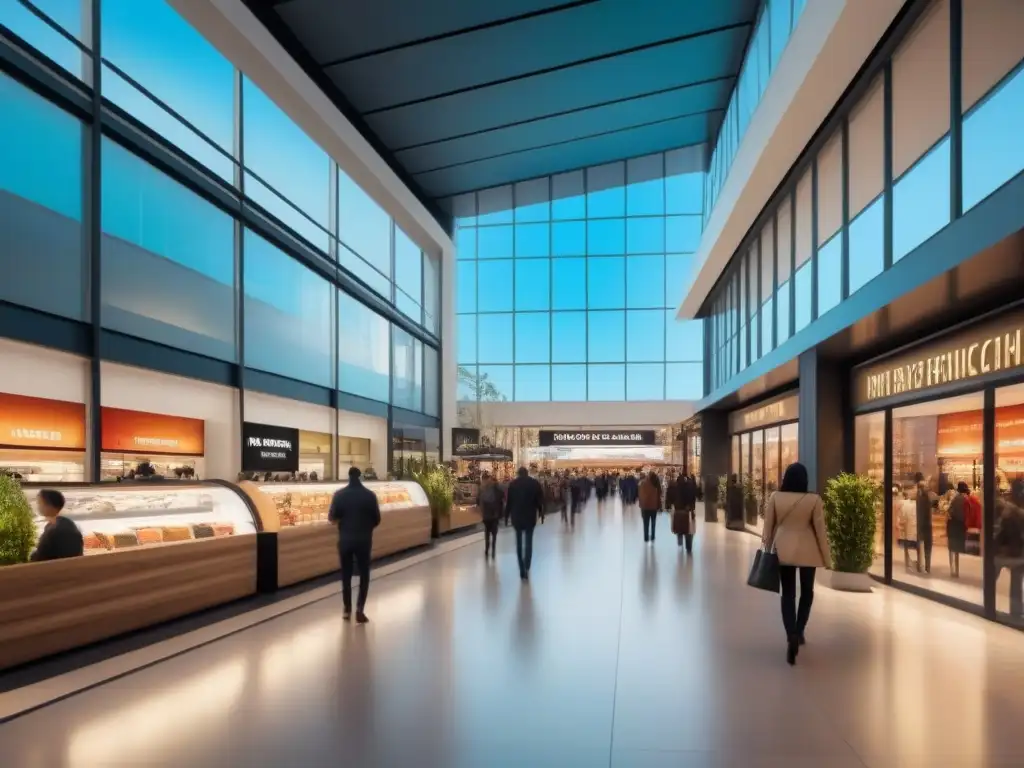 Centro comercial moderno: diversidad y dinamismo Un moderno centro comercial lleno de gente diversa realizando diversas actividades, reflejando estrategias de inversión inmobiliaria avanzadas