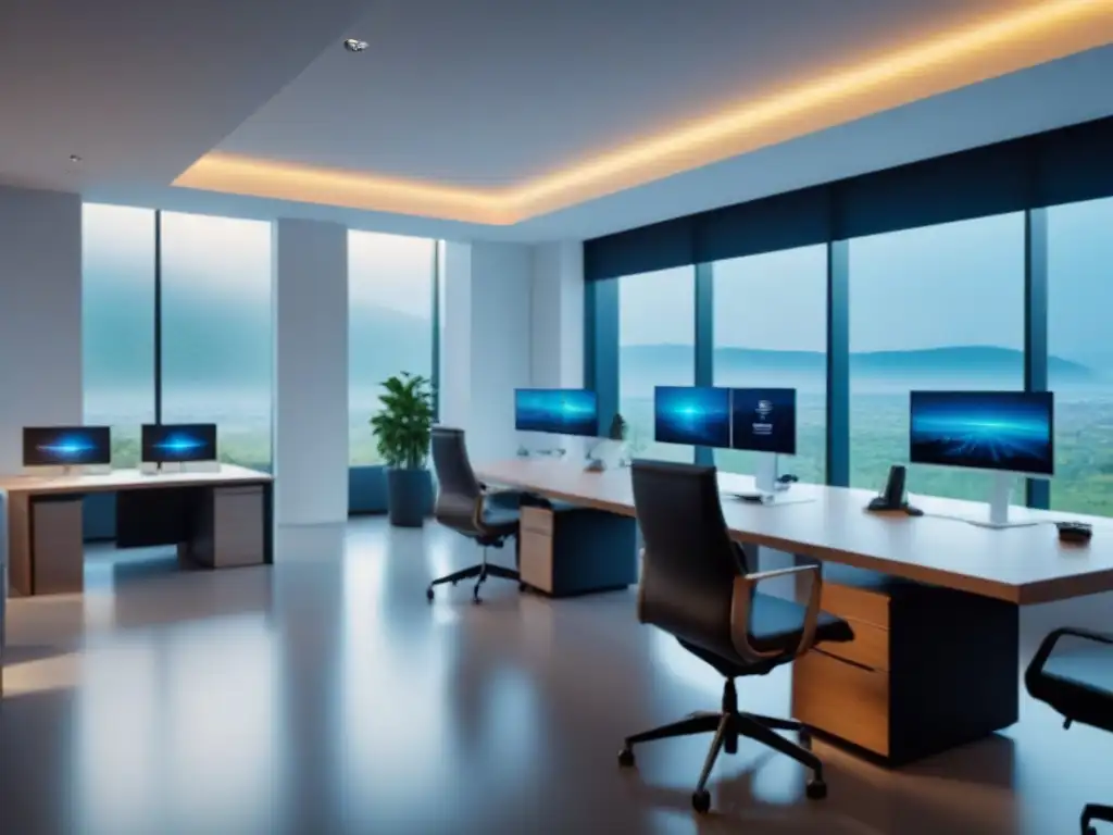 Centro de reclamos moderno: oficina luminosa y tecnológica Un moderno centro de reclamaciones de seguros para vivienda con profesionales asistiendo a clientes en un ambiente luminoso y futurista