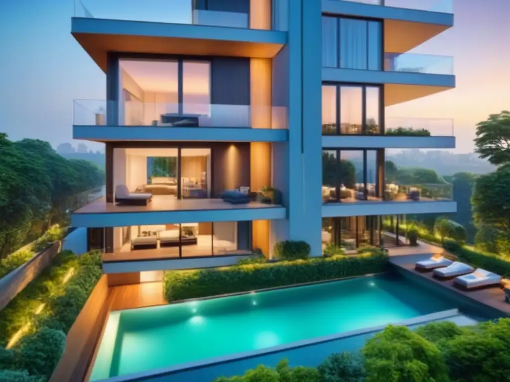 Edificio de lujo con vista panorámica en ciudad vibrante Un moderno edificio de apartamentos con vista a la ciudad y vegetación exuberante, ideal para inversión inmobiliaria en una ubicación estratégica