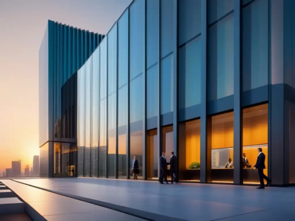Edificio bancario moderno al atardecer: diversidad y prosperidad financiera Un moderno edificio bancario con profesionales entrando, reflejando una ciudad al atardecer