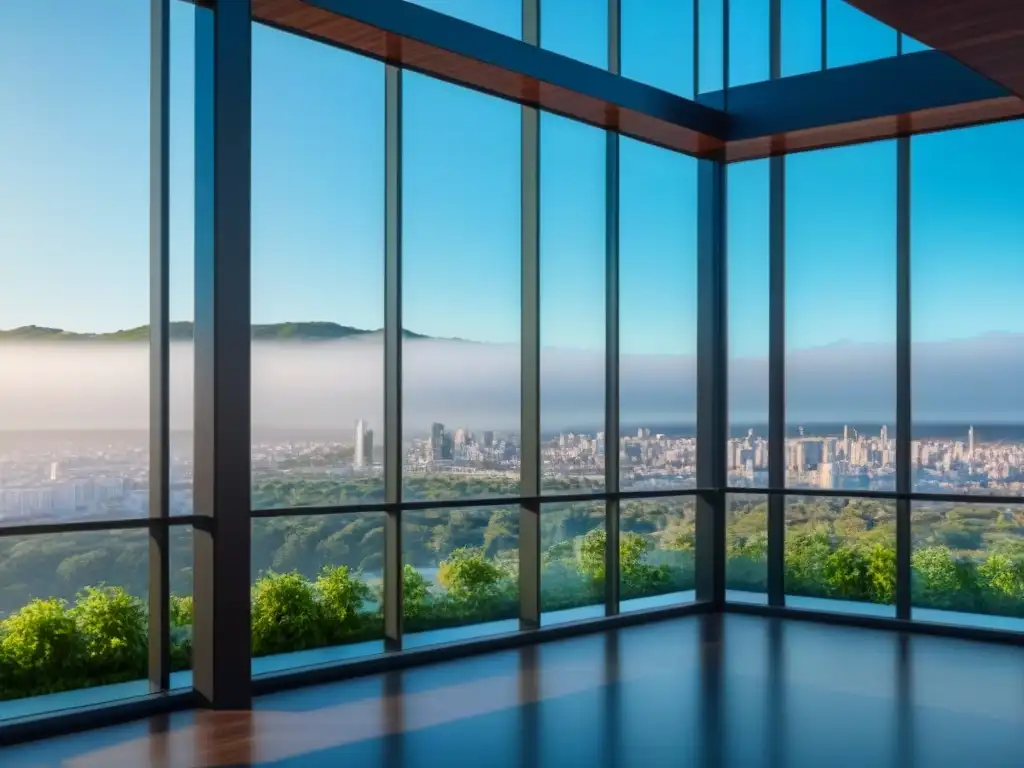 Propiedad comercial moderna y segura: imagen detallada y vibrante Moderno edificio comercial rodeado de vegetación, reflejando una ciudad vibrante bajo un cielo azul