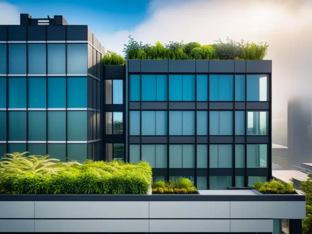Un moderno edificio de oficinas con certificaciones LEED, rodeado de vegetación y diseño sostenible