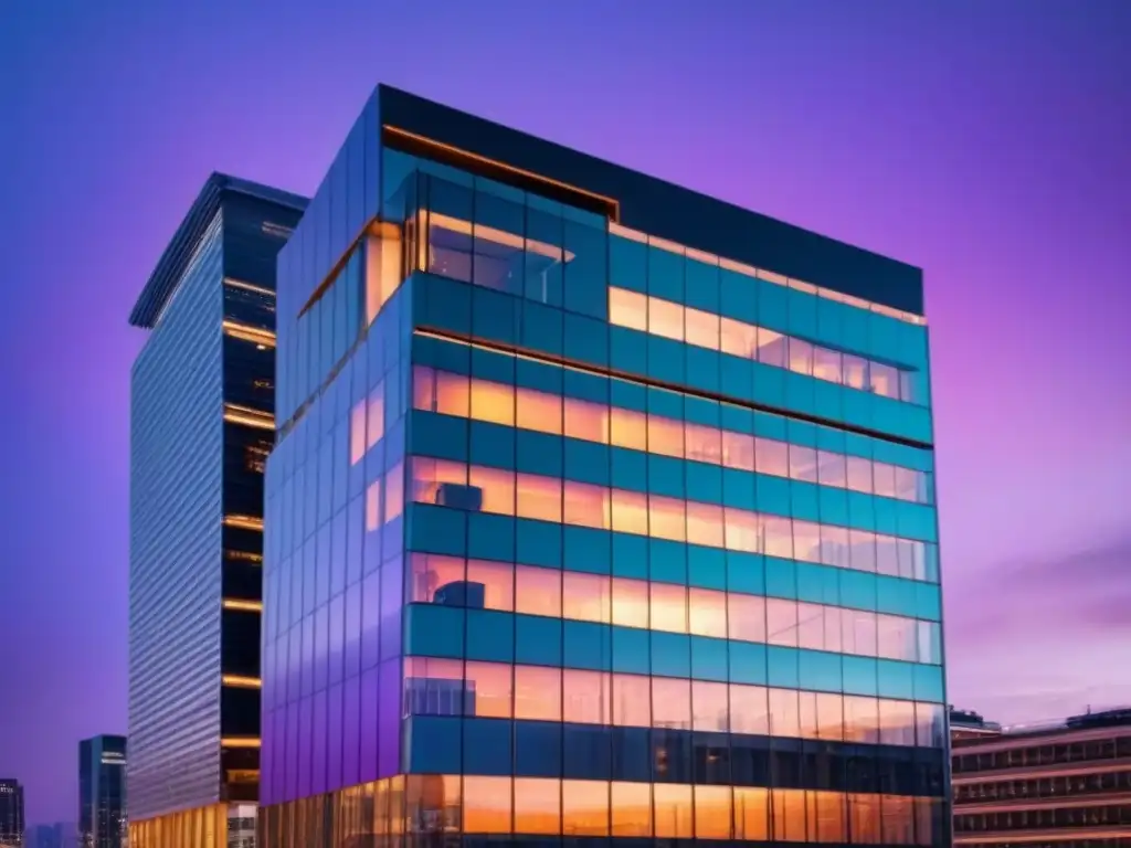 Edificio de oficinas moderno iluminado al anochecer Un moderno edificio de oficinas al anochecer, iluminado desde dentro con luz cálida