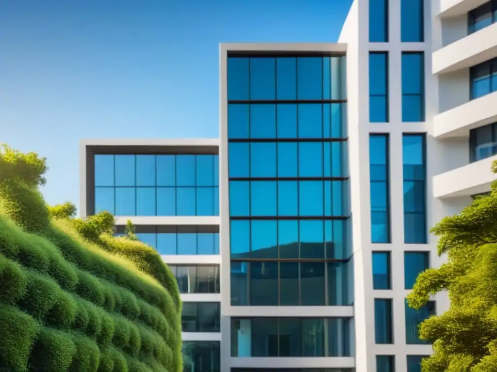 Edificio de oficinas de lujo en ciudad: inversión estable en REITs Un moderno edificio de oficinas rodeado de vegetación, bajo un cielo azul