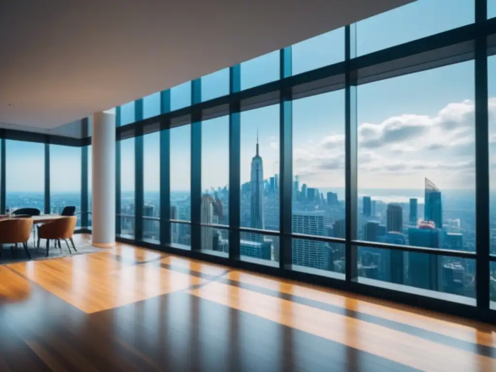Oficina moderna de lujo con ventanales panorámicos en la ciudad Un moderno edificio de oficinas con ventanales de piso a techo reflejando la ciudad vibrante abajo