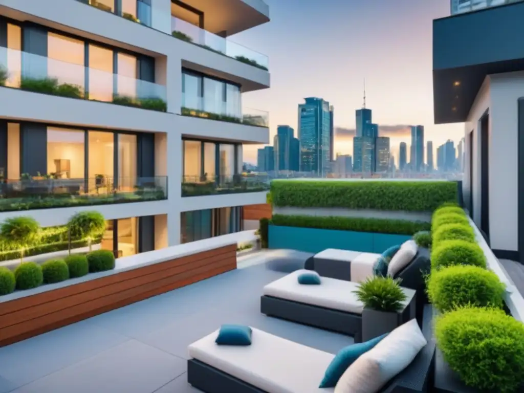 Edificio moderno con seguridad y terraza en ciudad vibrante Moderno edificio con seguridad y terraza en la ciudad