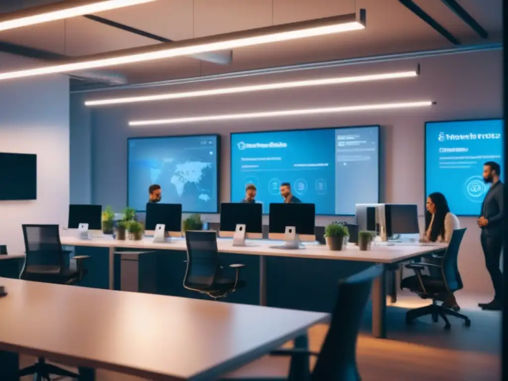 Espacio de Coworking Futurista con Tecnología Avanzada y Ambiente Acogedor Un moderno espacio de coworking con tecnología de vanguardia y ambiente acogedor para profesionales colaborando juntos