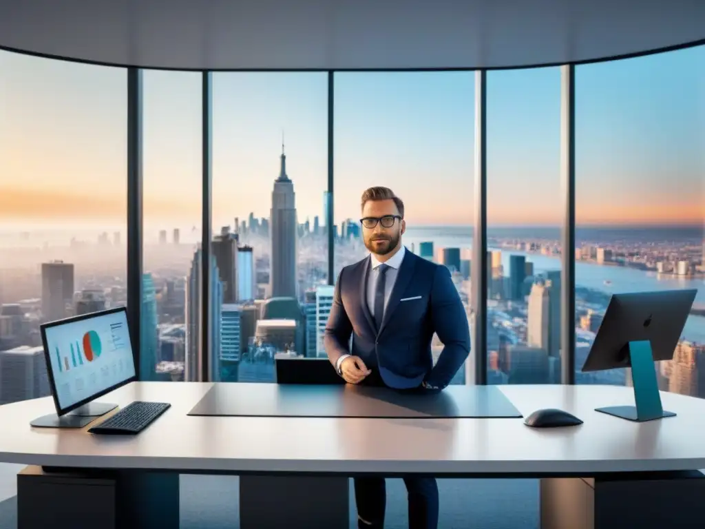 Oficina moderna en ciudad: éxito en marketing inmobiliario Un moderno espacio de oficina con vista a la ciudad