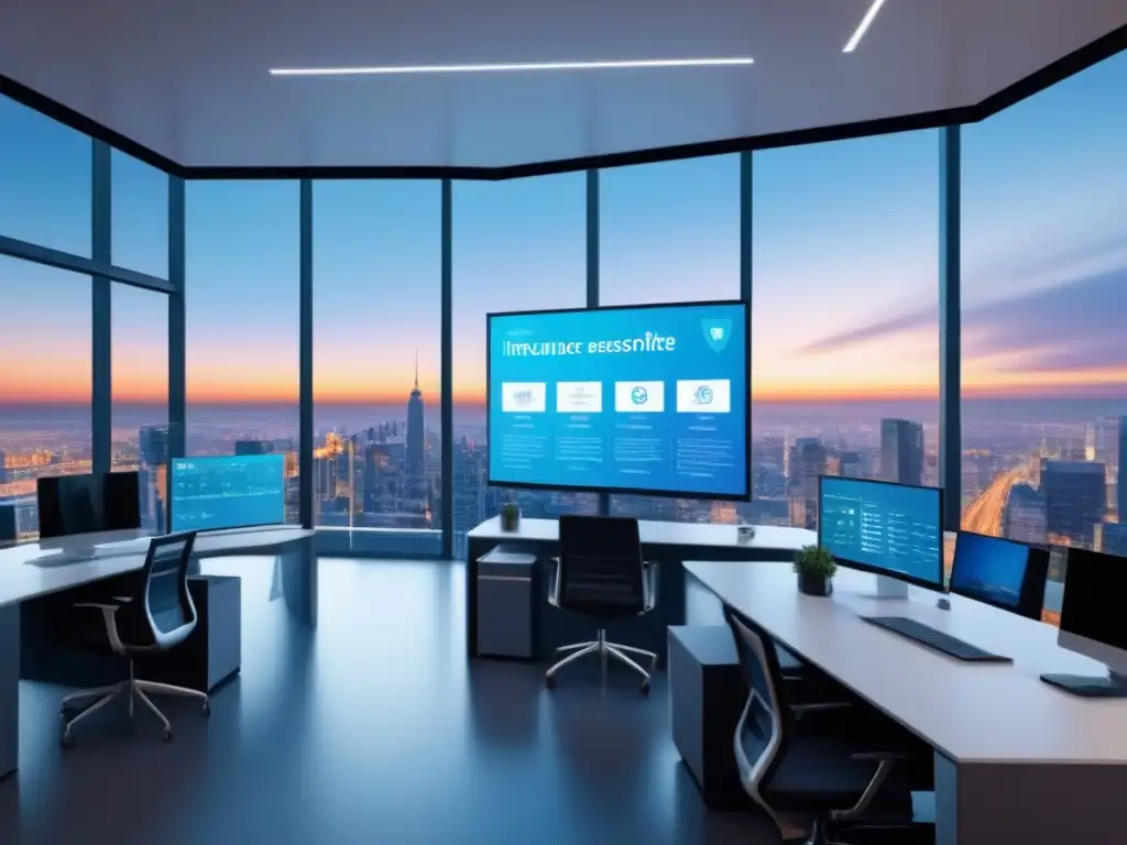 Oficina de seguros futurista para propiedades comerciales Un moderno y futurista despacho de seguros para propiedades comerciales con tecnología de vanguardia y profesionales diversificados