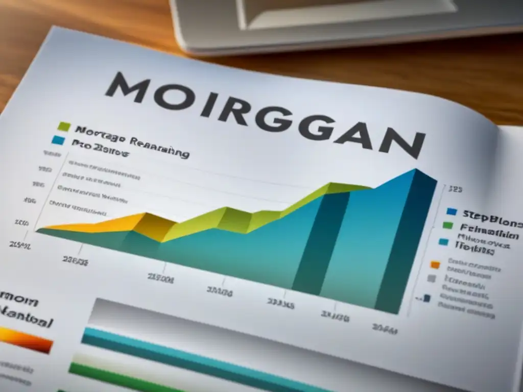 Infografía moderna: refinanciación hipotecaria paso a paso Un moderno infográfico muestra el proceso paso a paso del refinanciamiento hipotecario, con ilustraciones detalladas de una casa, documentos financieros y un gráfico de ahorros potenciales