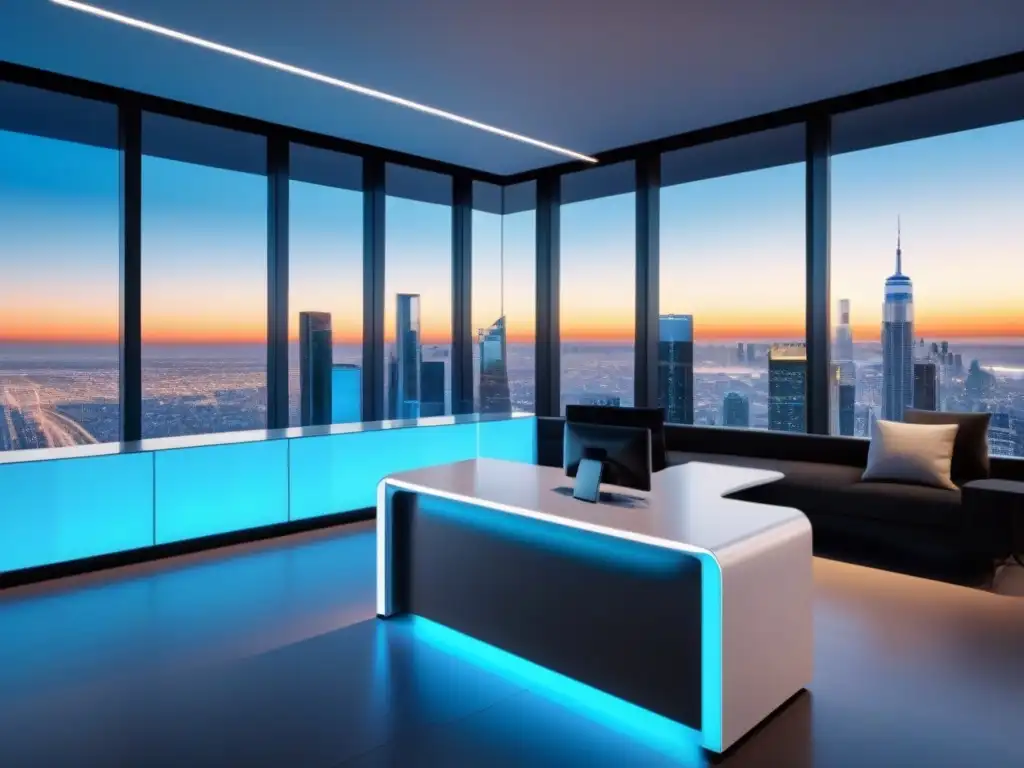 Oficina futurista de real estate con tecnología AI Moderno lobby de una empresa inmobiliaria con tecnología AI, mostrando casos de éxito