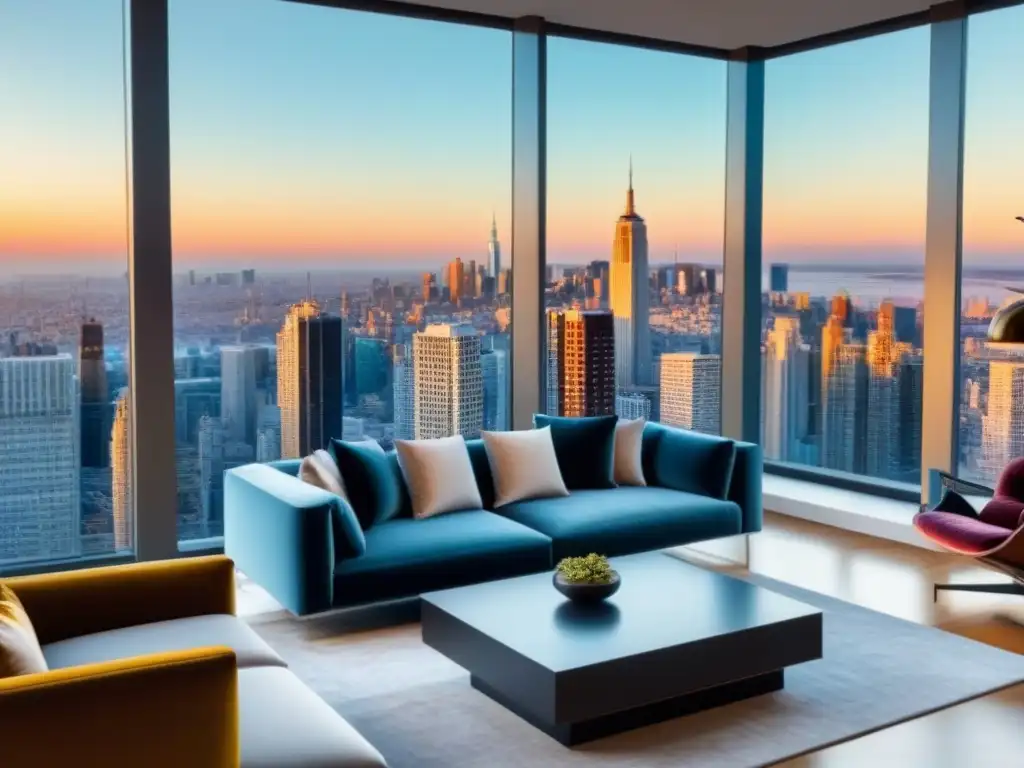 Salón de lujo en penthouse urbano: diseño moderno y vista panorámica Moderno salón de lujo en ático urbano, con vista panorámica, muebles de diseño y detalles elegantes, ideal para Seguros inmobiliarios de lujo