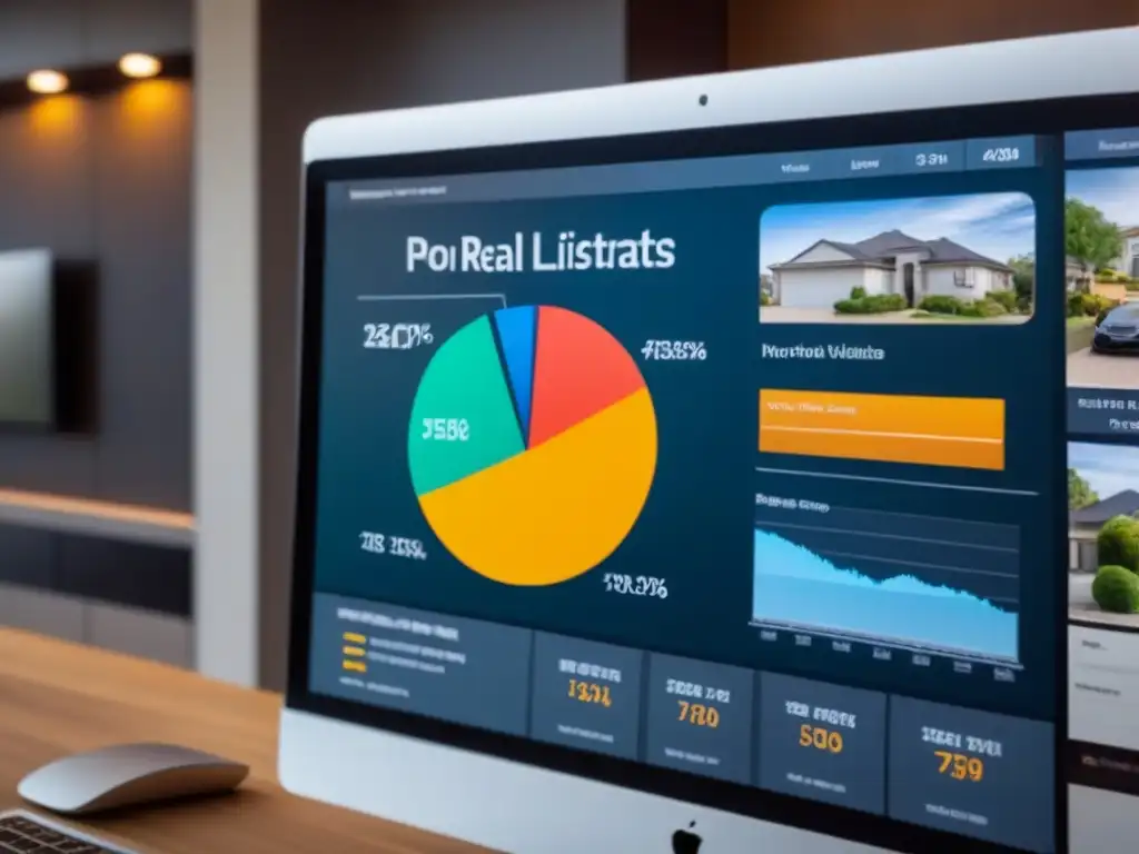 Dashboard SEO para profesionales inmobiliarios Un moderno panel digital para profesionales inmobiliarios con herramientas avanzadas de SEO para bienes raíces