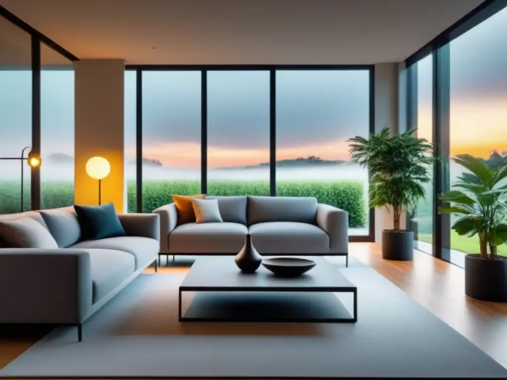 Sofisticada sala minimalista con vistas al jardín para planear hipoteca Moderno salón con ventana al jardín, diseño minimalista y cómodo sofá gris