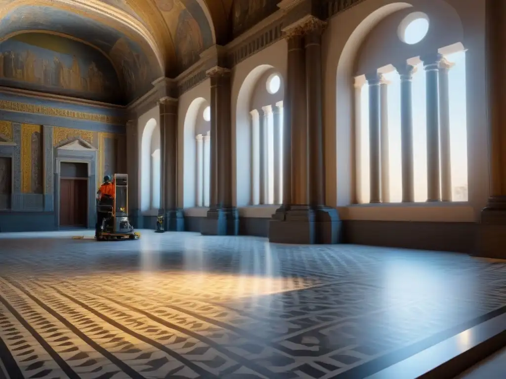 Conservadores restaurando arte con tecnología de vanguardia Conservación de mosaicos y frescos históricos con tecnología avanzada