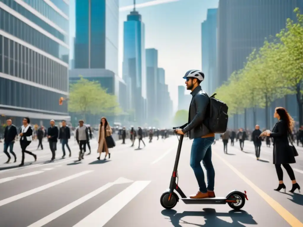 Vida urbana sostenible: Movilidad moderna en la ciudad Transformación de movilidad urbana en una gran ciudad moderna con variedad de transportes y edificios sostenibles