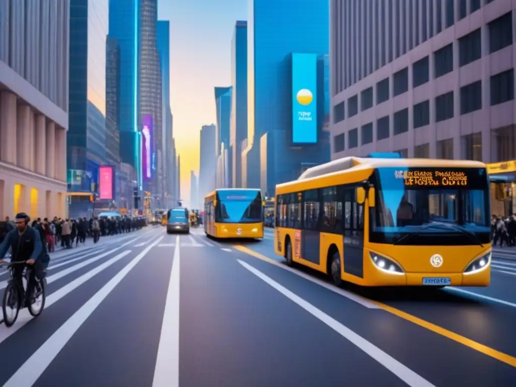 Escena urbana futurista: movilidad sostenible en una ciudad avanzada Transformación de la movilidad urbana en grandes ciudades: escena vibrante de transporte diverso en una ciudad futurista al atardecer