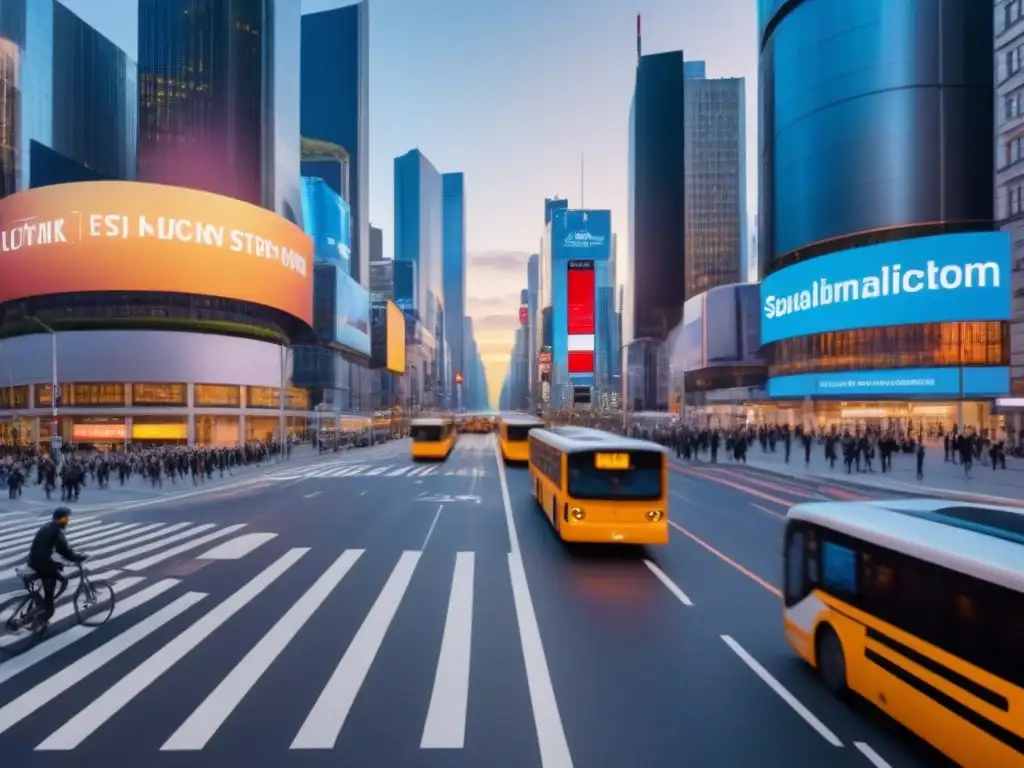 Intersección urbana futurista: movilidad sostenible Transformación de la movilidad urbana en grandes ciudades: intersección bulliciosa con diversos medios de transporte en la hora pico