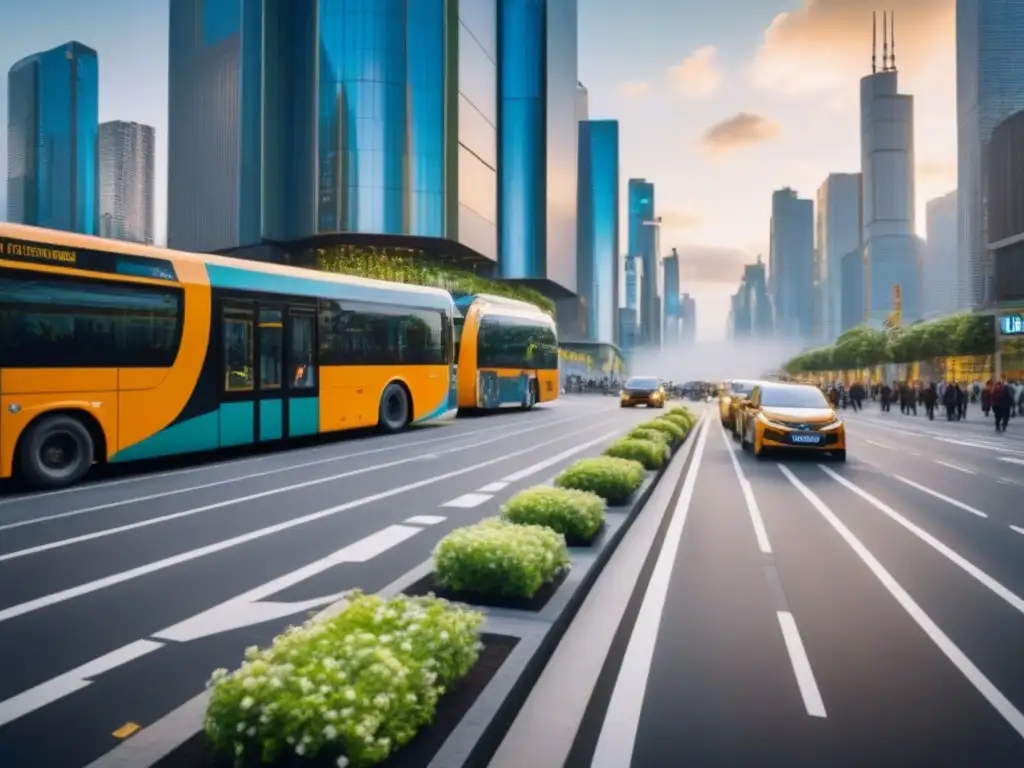 Intersección urbana futurista con movilidad sostenible Transformación de movilidad urbana en grandes ciudades: Intersección urbana con diversidad de transporte y tecnología eco