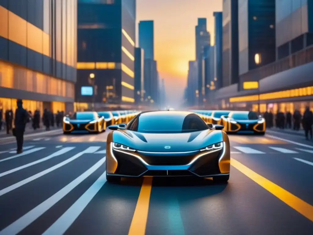 Escena urbana futurista con vehículos eléctricos en hora pico Transformación de movilidad urbana en grandes ciudades: Ciudad futurista con vehículos eléctricos y arquitectura moderna en hora pico al atardecer