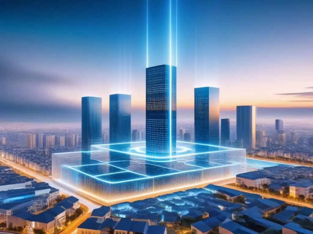 Blockchain y AI: Transacciones inmobiliarias futuristas Un mundo digital futurista con red blockchain transparente y algoritmos de IA, simbolizando transacciones seguras en bienes raíces