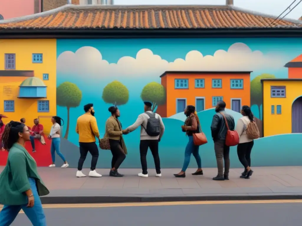 Mural urbano: comunidad diversa celebrando cultura y arte Un mural urbano vibrante que refleja la diversidad de la comunidad en actividades culturales