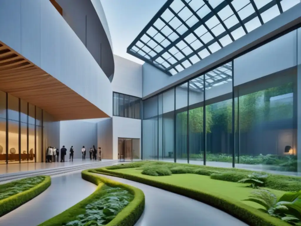 Arquitectura museo moderno en armonía con la historia Un museo moderno rodeado de vegetación, exhibiendo diversidad cultural