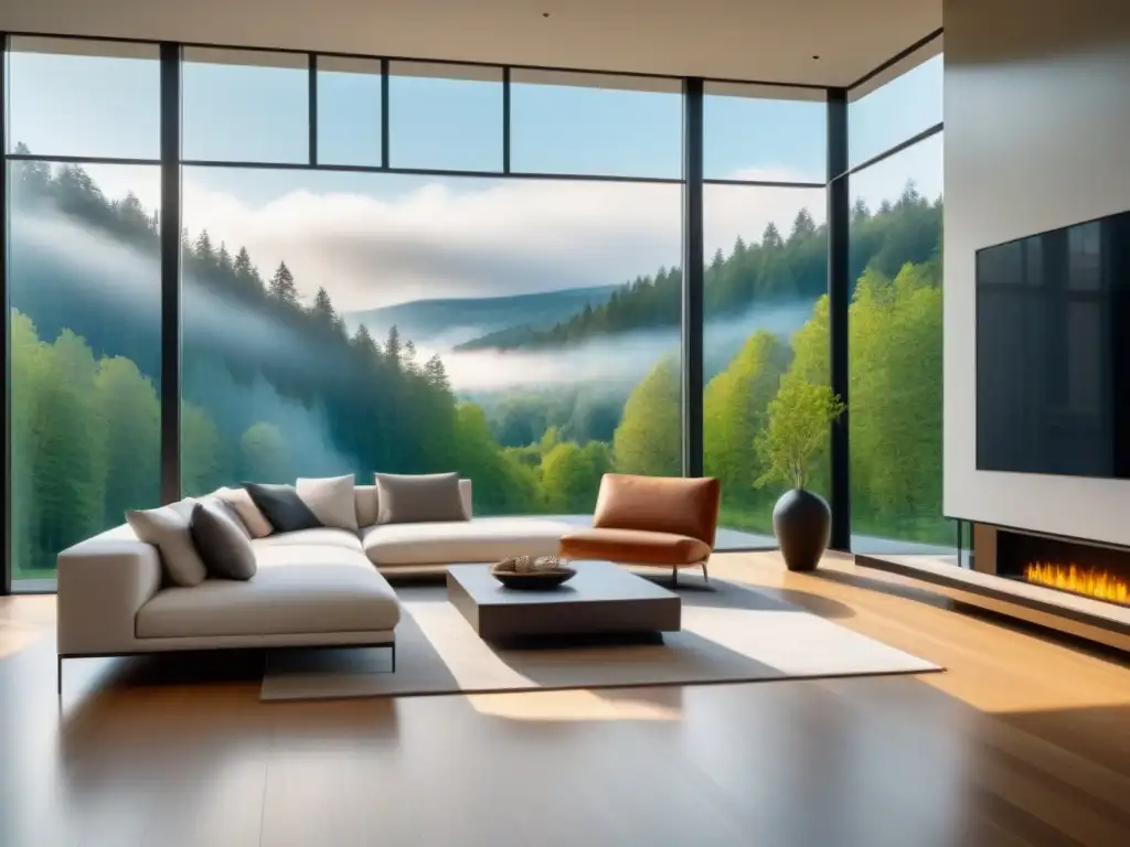 Sala de estar moderna de lujo con vista a bosque verde Ventilación natural para confort térmico: Sala moderna lujosa con ventanales al bosque, muebles minimalistas y arte contemporáneo