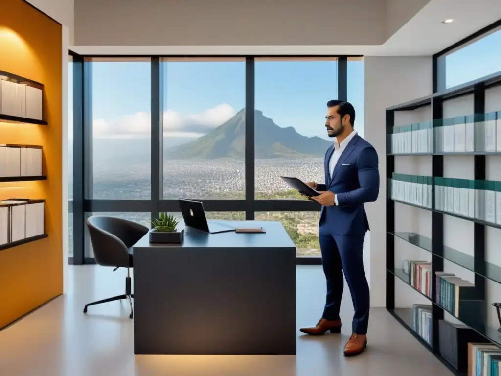 Notaría Mexicana: Confianza y Modernidad en Transacciones Inmobiliarias Un notario mexicano asiste a un cliente con documentación de compraventa de inmuebles en una oficina moderna y luminosa