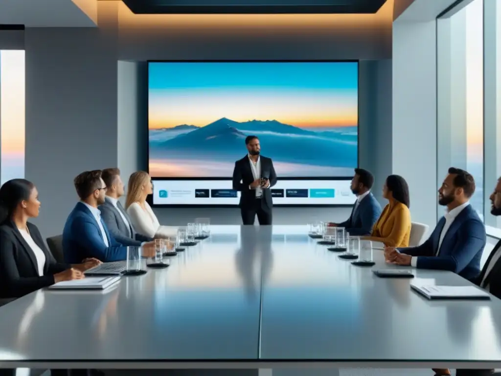 Reunión de inversores novatos con asesor financiero en oficina moderna Novatos en fondos de inversión inmobiliaria discuten estrategias con asesor financiero en moderna oficina luminosa