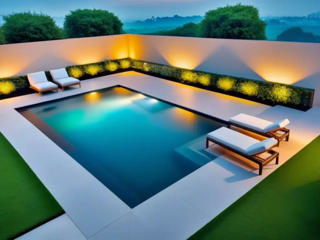 Diseño contemporáneo de paisajismo exterior: oasis minimalista y lujoso Un oasis exterior de paisajismo moderno para exteriores con diseño geométrico elegante y mobiliario contemporáneo