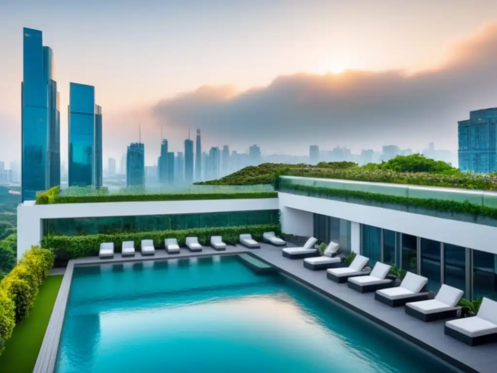 Complejo de apartamentos de lujo en ciudad vibrante y moderna Un oasis de lujo en la ciudad: moderno complejo de apartamentos con diseño vanguardista, rodeado de vegetación exuberante y una piscina reluciente