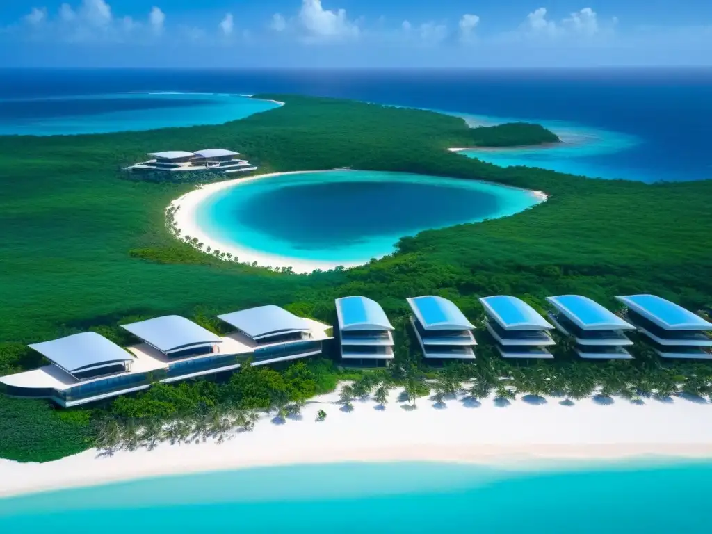 Eco-lujo caribeño: resort sostenible con vistas al mar Un oasis de lujo sostenible en el Caribe, con arquitectura ecofriendly integrada a exuberante vegetación