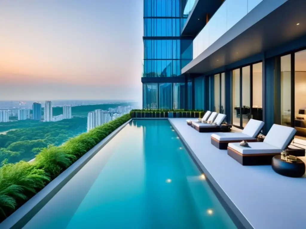 Edificio de lujo con piscina infinita en la azotea y vistas panorámicas Un oasis de lujo urbano con diseño moderno y piscina en la azotea, ideal para el Rebalanceo portafolio inmobiliario estrategias avanzadas