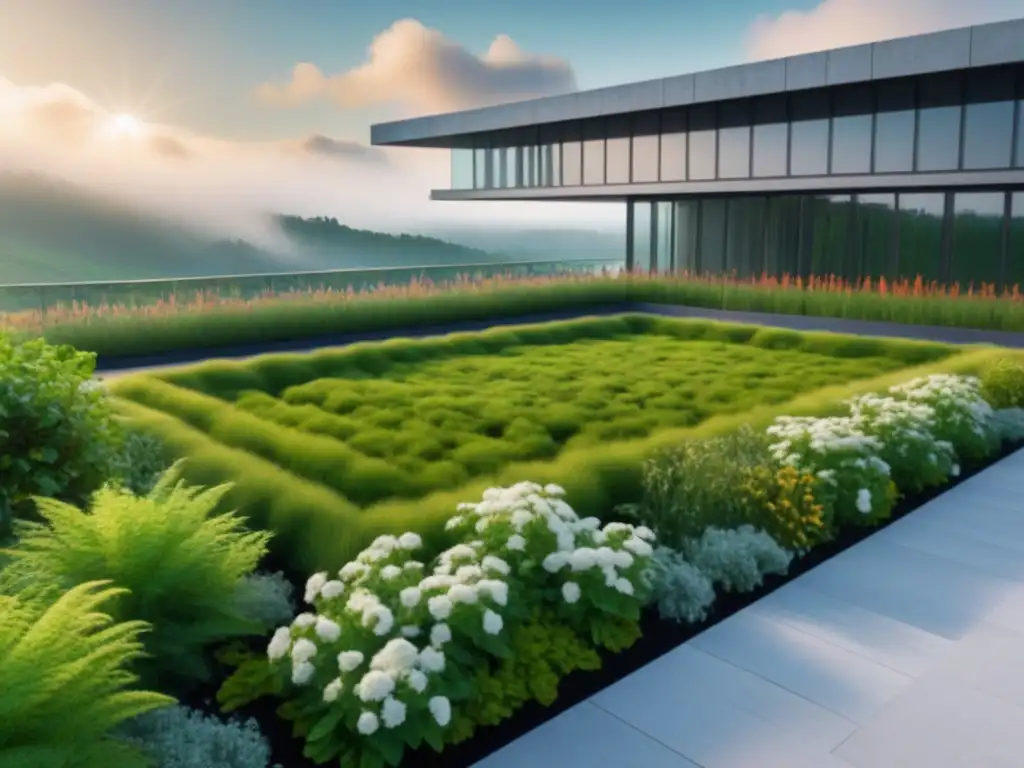 Jardín sostenible en azotea: naturaleza y arquitectura moderna Un oasis de naturaleza en la azotea de un edificio moderno, fusionando vegetación y arquitectura