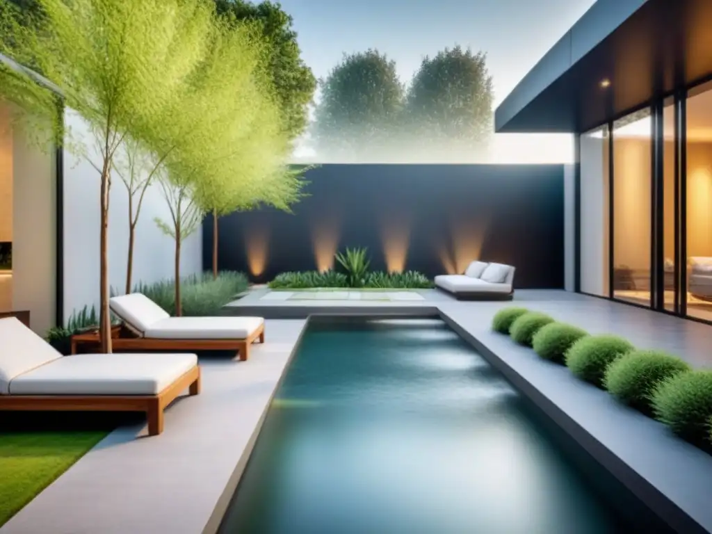 Diseño de paisaje exterior moderno: patio geométrico minimalista en un oasis de verdor y agua serena Un oasis de paisajismo moderno para exteriores: patio geométrico minimalista rodeado de exuberante vegetación y una fuente tranquila