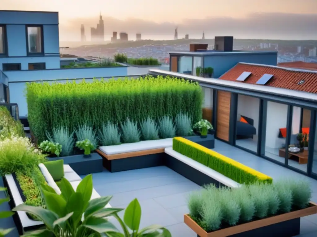 Jardín eco-sostenible en azotea de coliving moderno Un oasis sostenible en un coliving moderno, donde se integran la naturaleza y prácticas ecofriendly