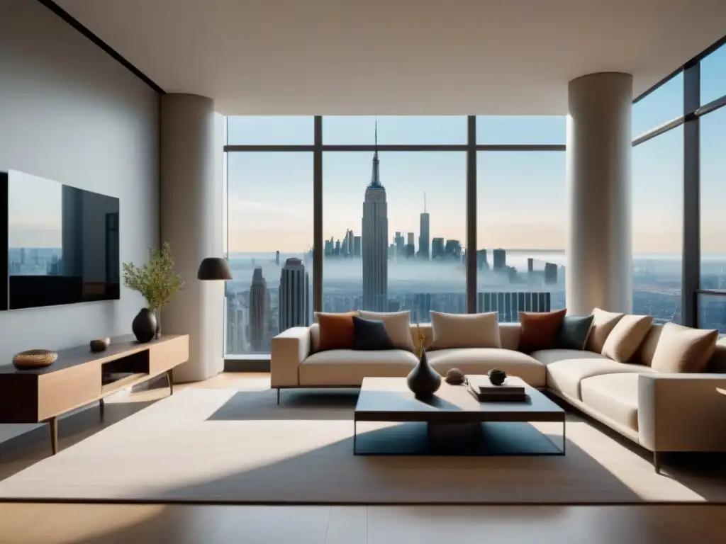 Salón de lujo en rascacielos: arte y diseño en la ciudad Un oasis urbano de diseño inmobiliario arte emocional en un moderno salón con ventanales de piso a techo y vistas a la ciudad