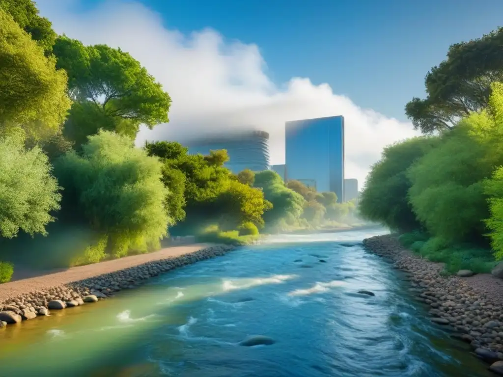 Restauración fluvial: oasis urbano en 8k Un oasis urbano lleno de biodiversidad comunitaria en una restauración de ríos, con gente de todas las edades disfrutando actividades al aire libre