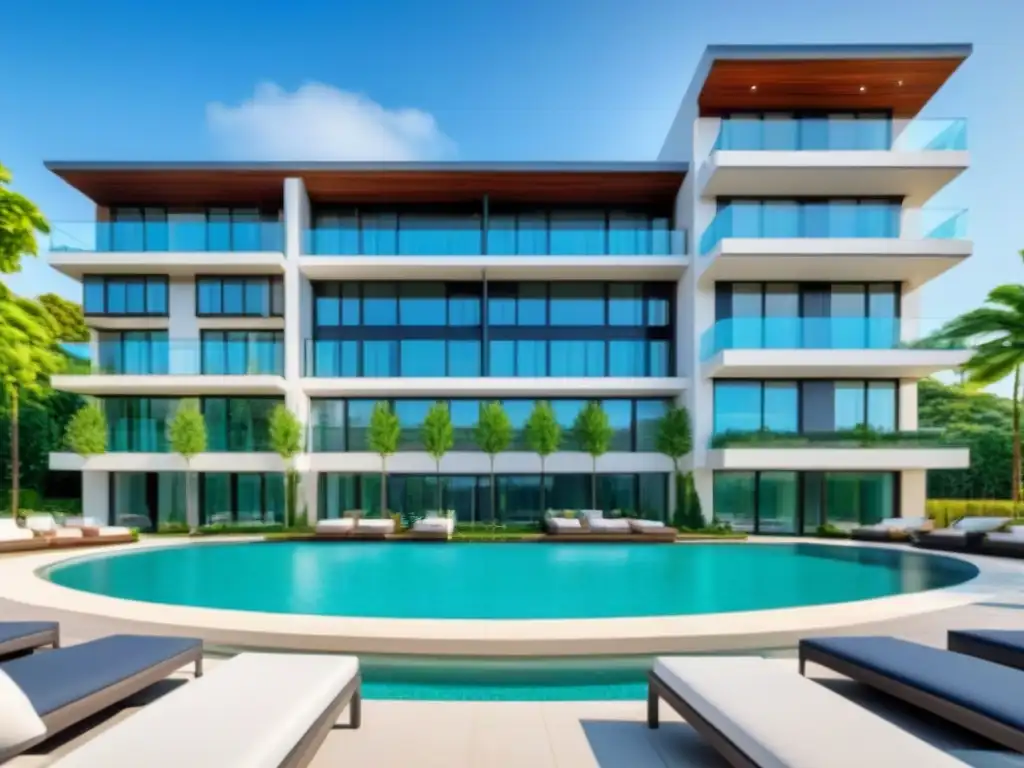 Complejo de apartamentos modernos de lujo con espacios comunitarios vibrantes Un oasis urbano de lujo con diseño arquitectónico elegante y áreas comunes vibrantes