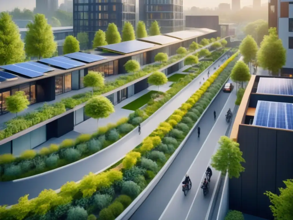 Desarrollo urbano sostenible: armonía entre ciudad y naturaleza Un oasis urbano sostenible con espacios verdes, bicisendas y arquitectura moderna