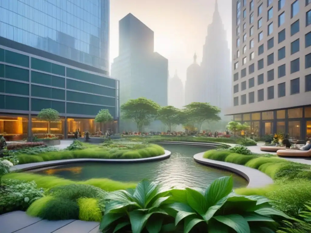 Jardín urbano verde y moderno en medio de la ciudad Un oasis urbano verde y moderno en medio de la ciudad, transformación de espacios urbanos abandonados
