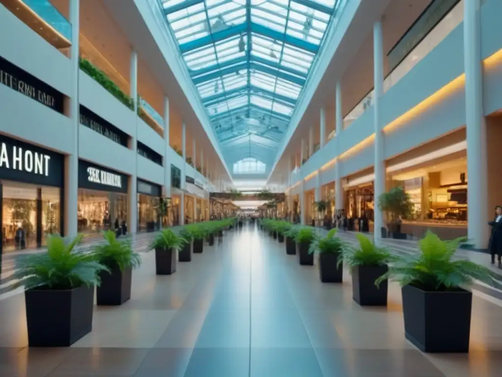 Centro comercial moderno y vibrante con exuberante vegetación Un oasis verde en un centro comercial moderno, resaltando las ventajas de áreas verdes comerciales