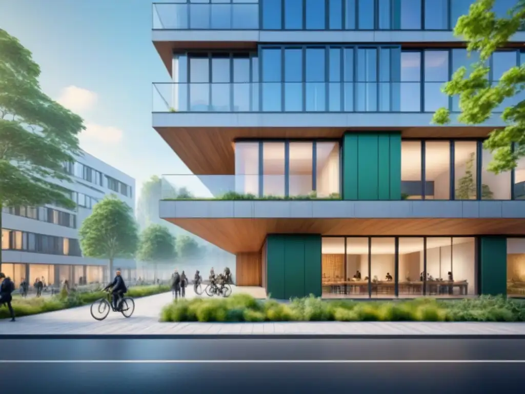 Edificio sustentable en armonía urbana: diseño verde innovador Un oasis verde en la ciudad: edificio sustentable rodeado de naturaleza, priorizando la arquitectura verde para reducir la contaminación urbana